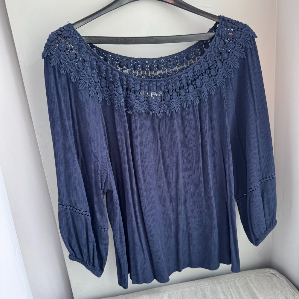 John Paul Richard Women's XL Navy Blue Rayon Lace Trim Blouse Boho Top